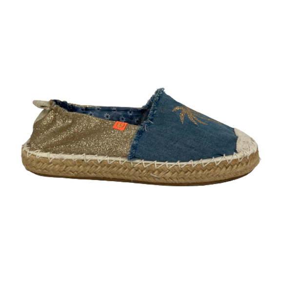 Kim Kay London Womens Sz 10 Blue Gold Palm Tree Glitter Stretch Flat Espadrilles - Picture 2 of 7